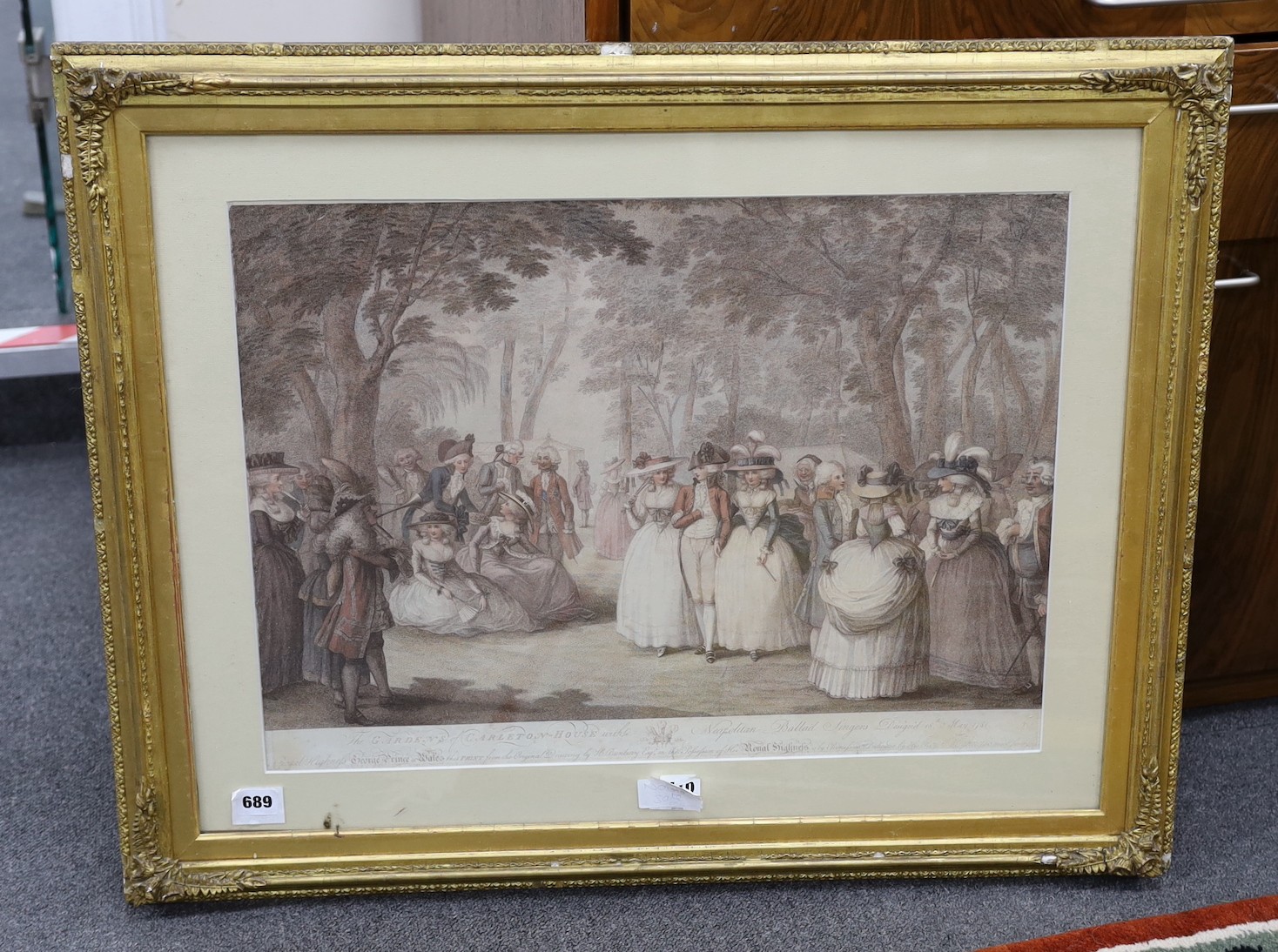 After Henry Bunbury, coloured stipple engraving, 'The Gardens of Carlton House, with Neopolitan ballard singers, 1781', overall 45 x 59cm